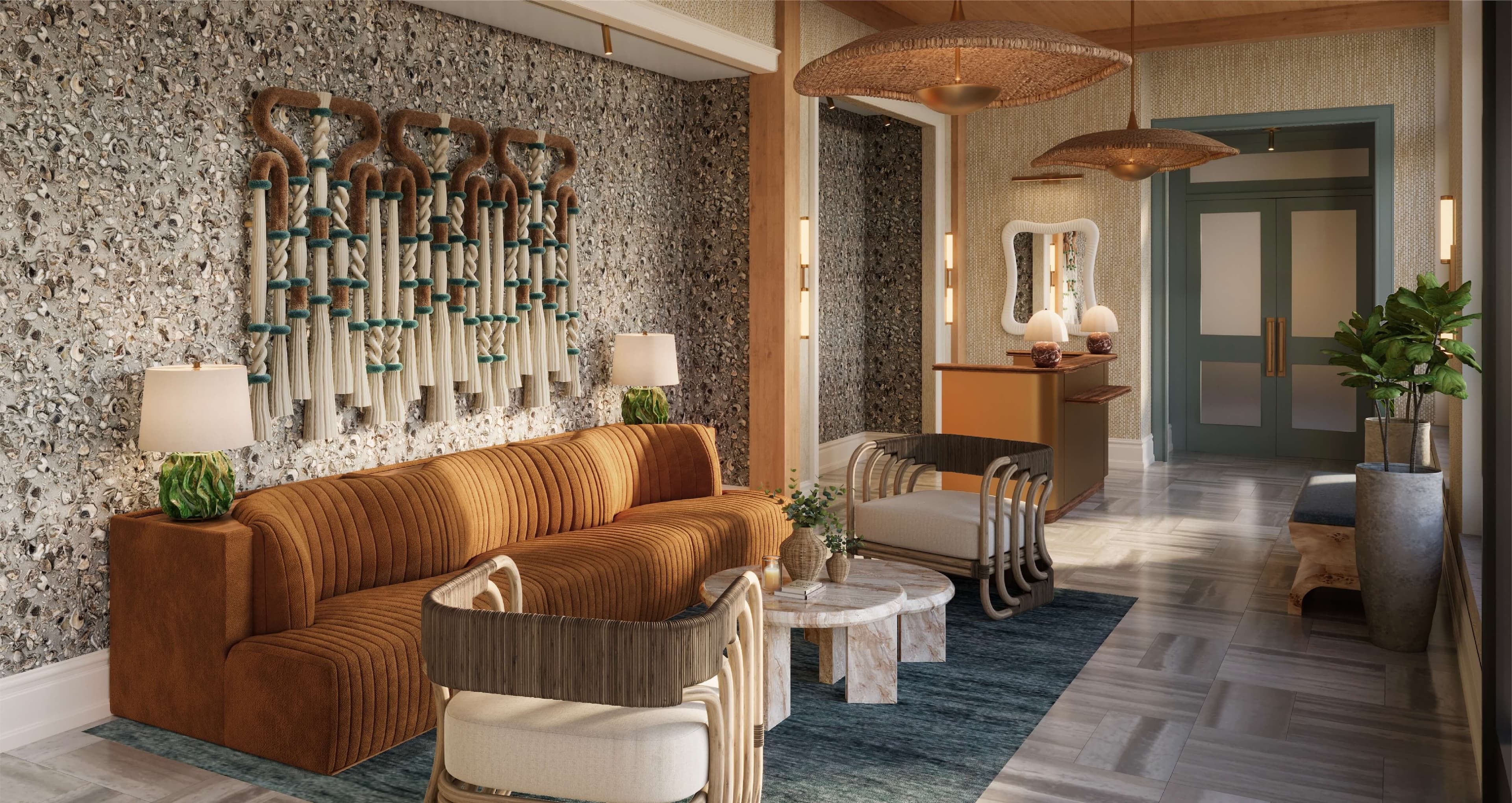 The Sabal House interior lounge with views the historic distric in Savannah Georiga.