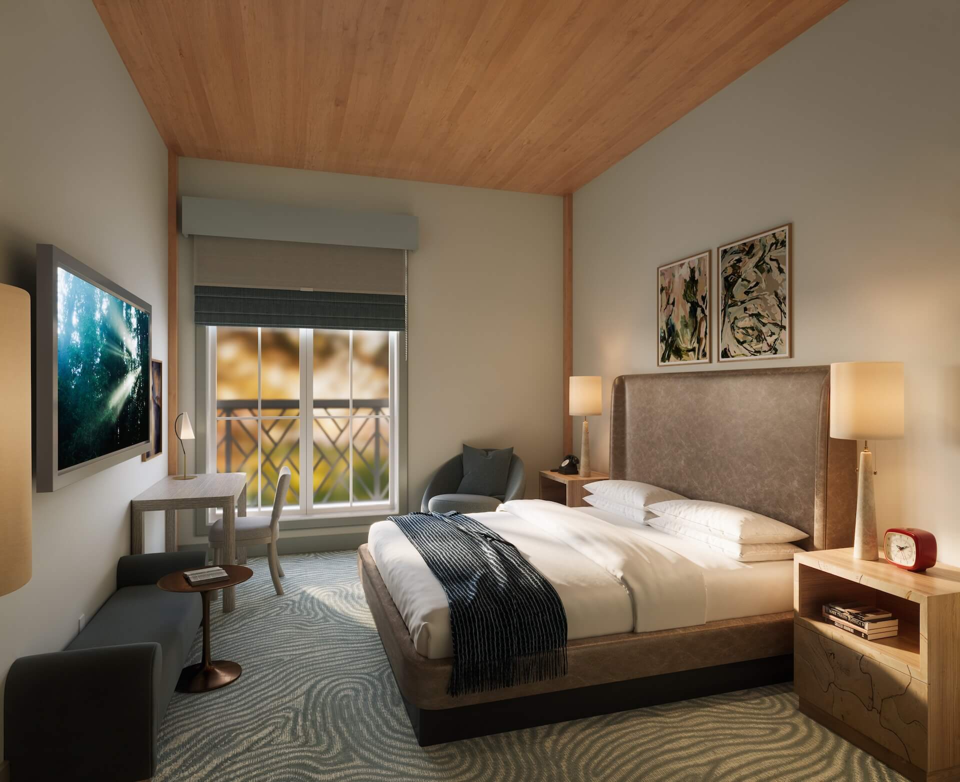 Contemporary guest room at Sabal House within walking distance of Chippewa Square.