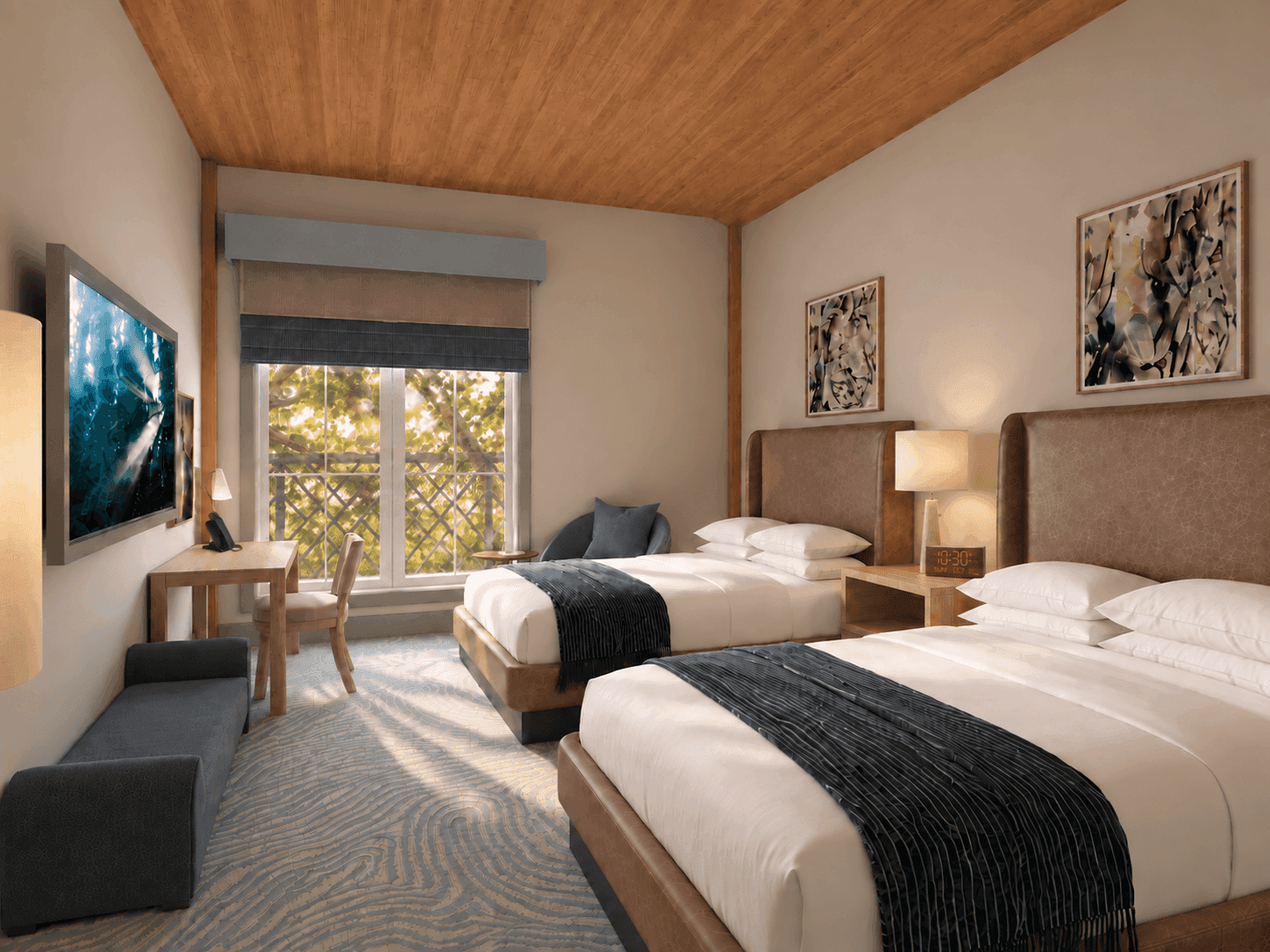 Classic Double Queen room with two queen beds and contemporary decor at Sabal House Inn, a boutique hotel in Savannah's Historic District near Oglethorpe Park.