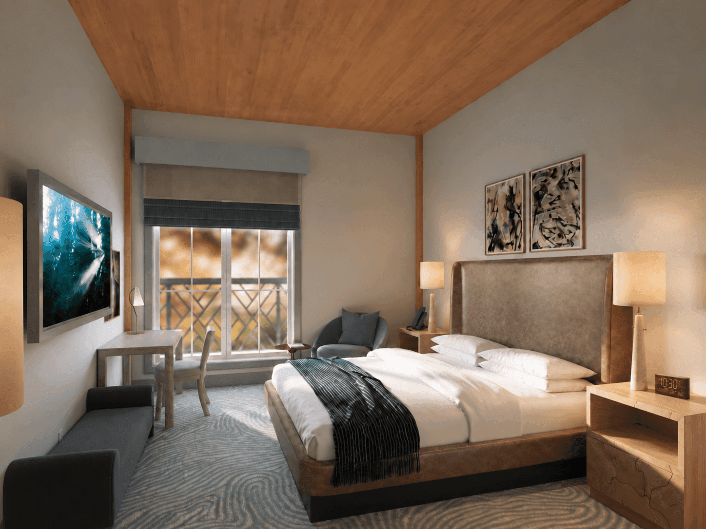 Contemporary Classic King guest room at Sabal House Inn in Savannah, Georgia, featuring a king-size bed, warm wood finishes, and modern furnishings.